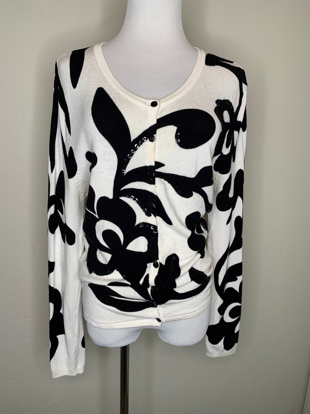 Elizabeth Embellished Floral Black Cream Cardigan Sz Small Petite